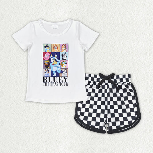 blue cartoon dog shirt black checkered shorts 2pcs summer clothes