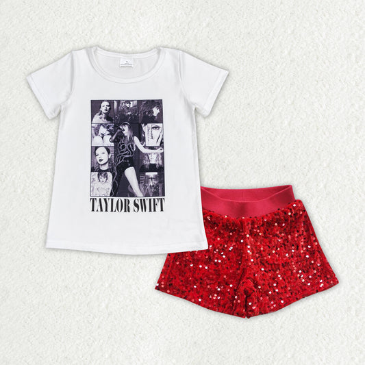 toddle girls singer shirt red sequins shorts summer clothes