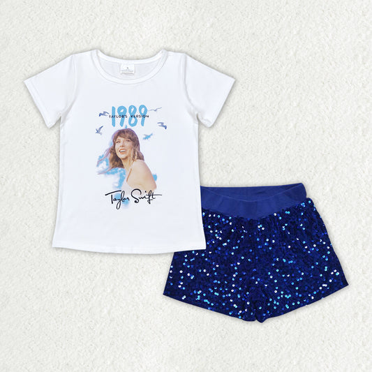 baby girls singer shirt blue sequins shorts summer clothes