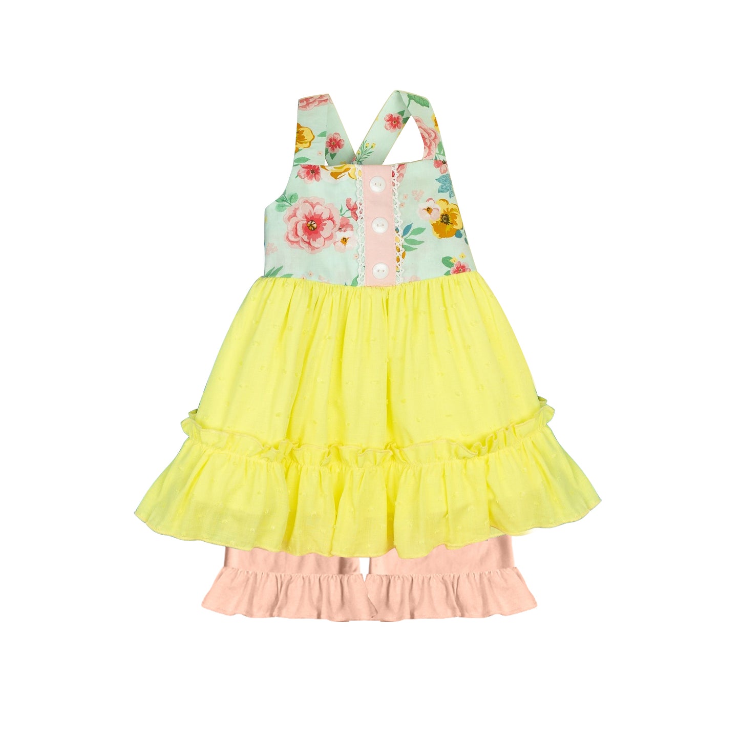 Girls floral yellow tulle top ruffle shorts summer boutique clothes preorder