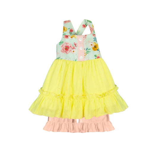 Girls floral yellow tulle top ruffle shorts summer boutique clothes preorder