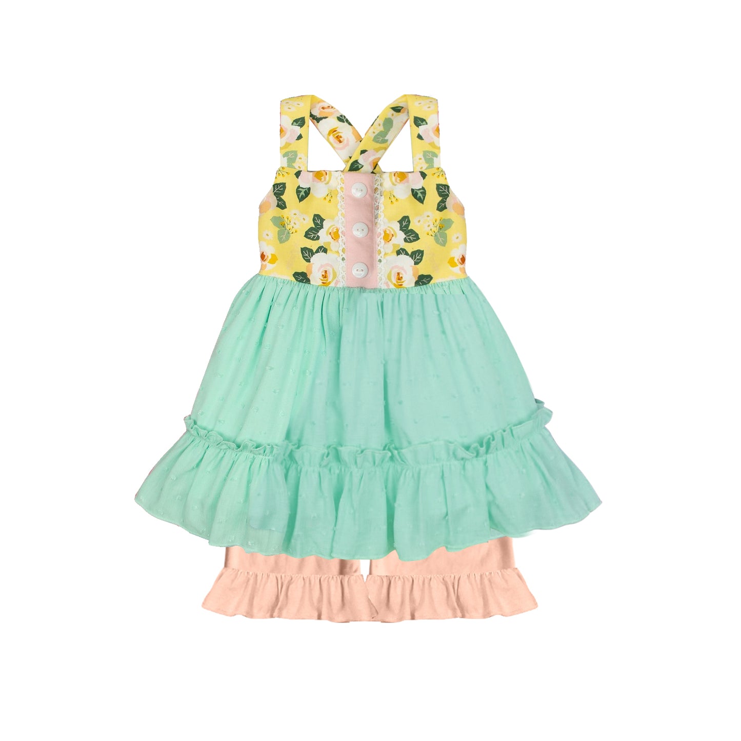 Girls floral turquoise tulle top ruffle shorts summer boutique clothes preorder