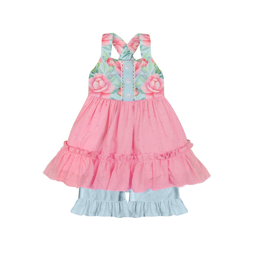 Girls floral pink tulle top ruffle shorts summer boutique clothes preorder