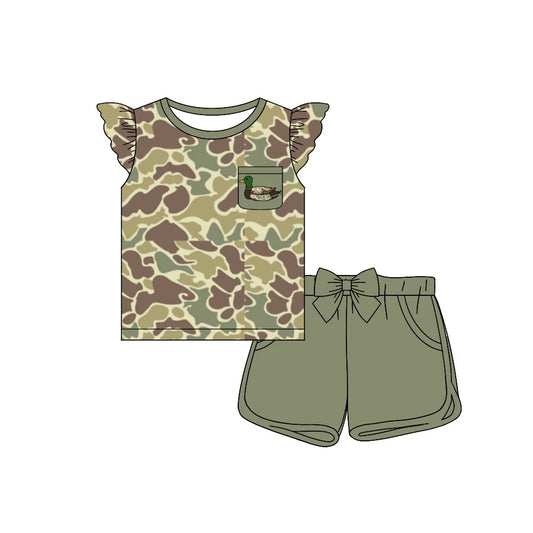 Green camo mallard duck baby girl summer shorts outfit preorder