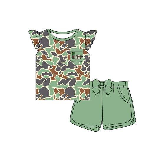 Green camo mallard duck baby girl summer shorts outfit preorder