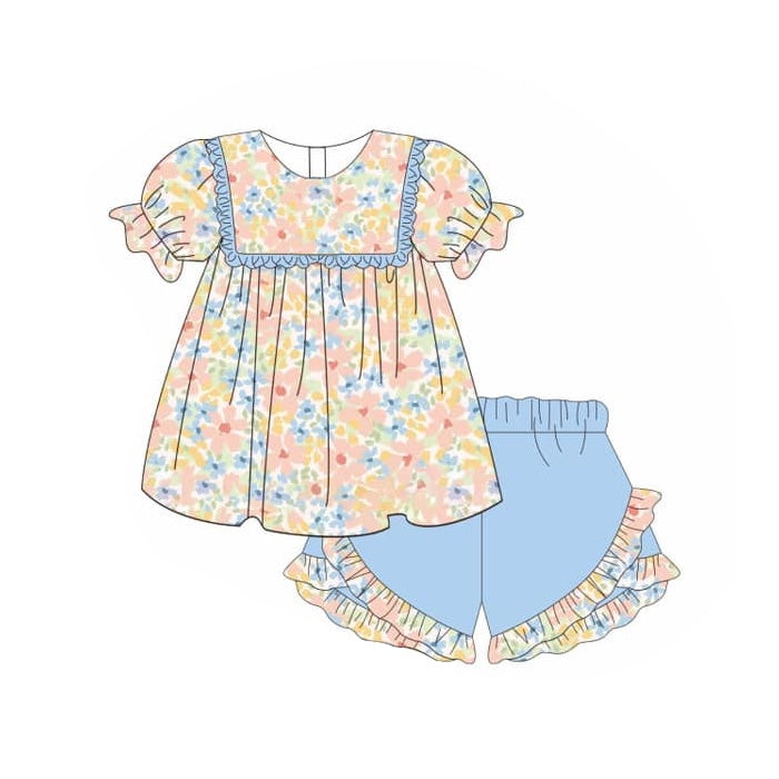 Orange blue flower baby girl summer outfit preorder