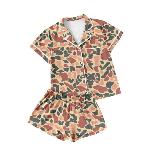 Adult women pink navy camo short sleeve pajama set preorder