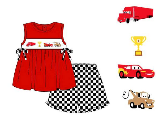 Baby girl cartoon car top black plaid shorts summer outfit preorder