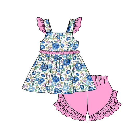 Baby girls blue floral top ruffle shorts summer outfit preorder