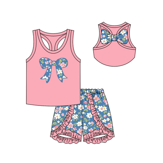 Baby girl blue floral bow summer outfit preorder