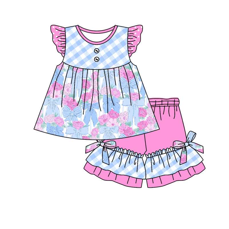 Blue bow pink flower baby girls matching outfit preorder