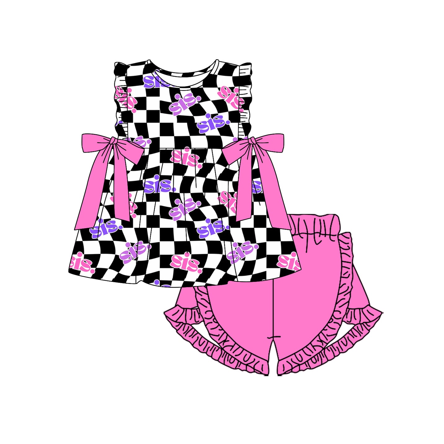 Black checkered sister design baby summer outfit preorder