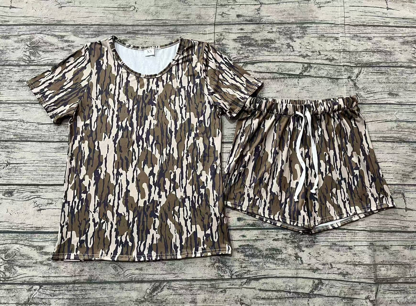 Adult women bottomland camo short sleeve pajama set preorder