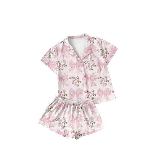 Baby girl pink bow floral summer pajama set preorder