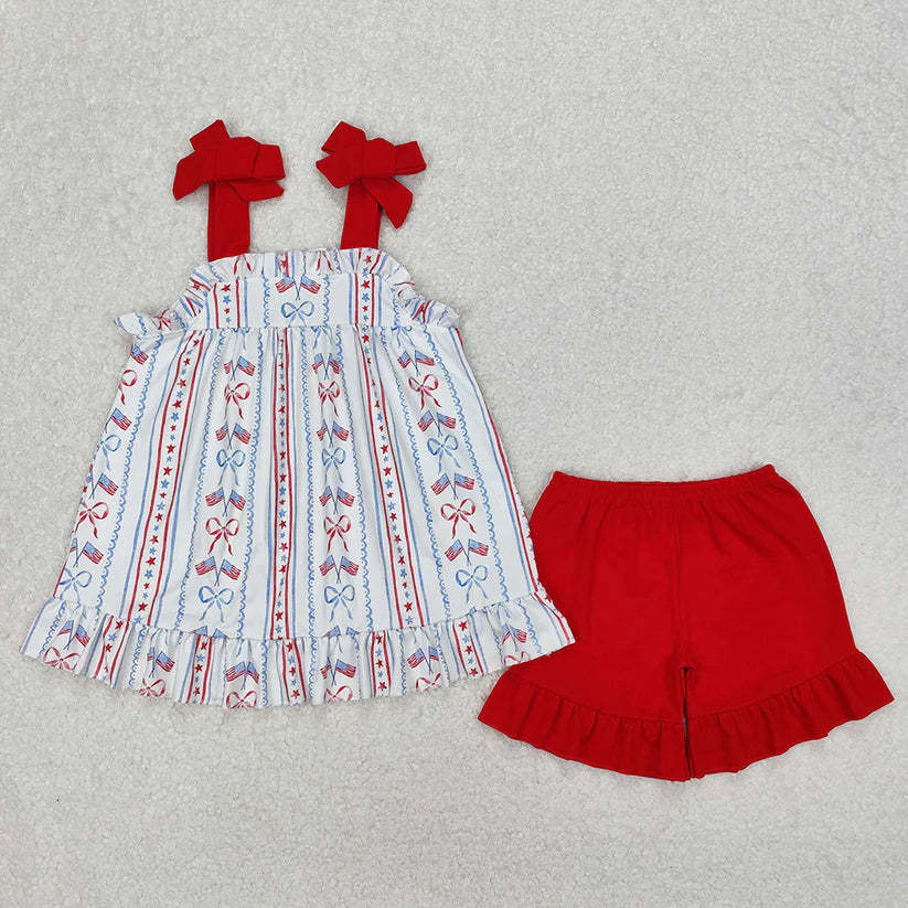 July 4th red bow top matching shorts girls outfit