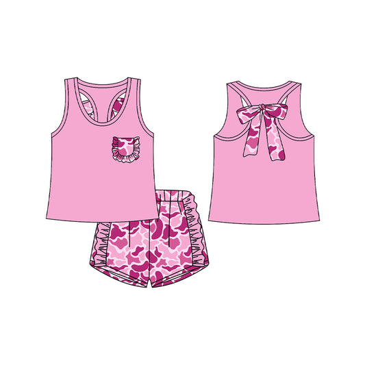 Pink pocket top matching camo shorts girls summer outfit preorder