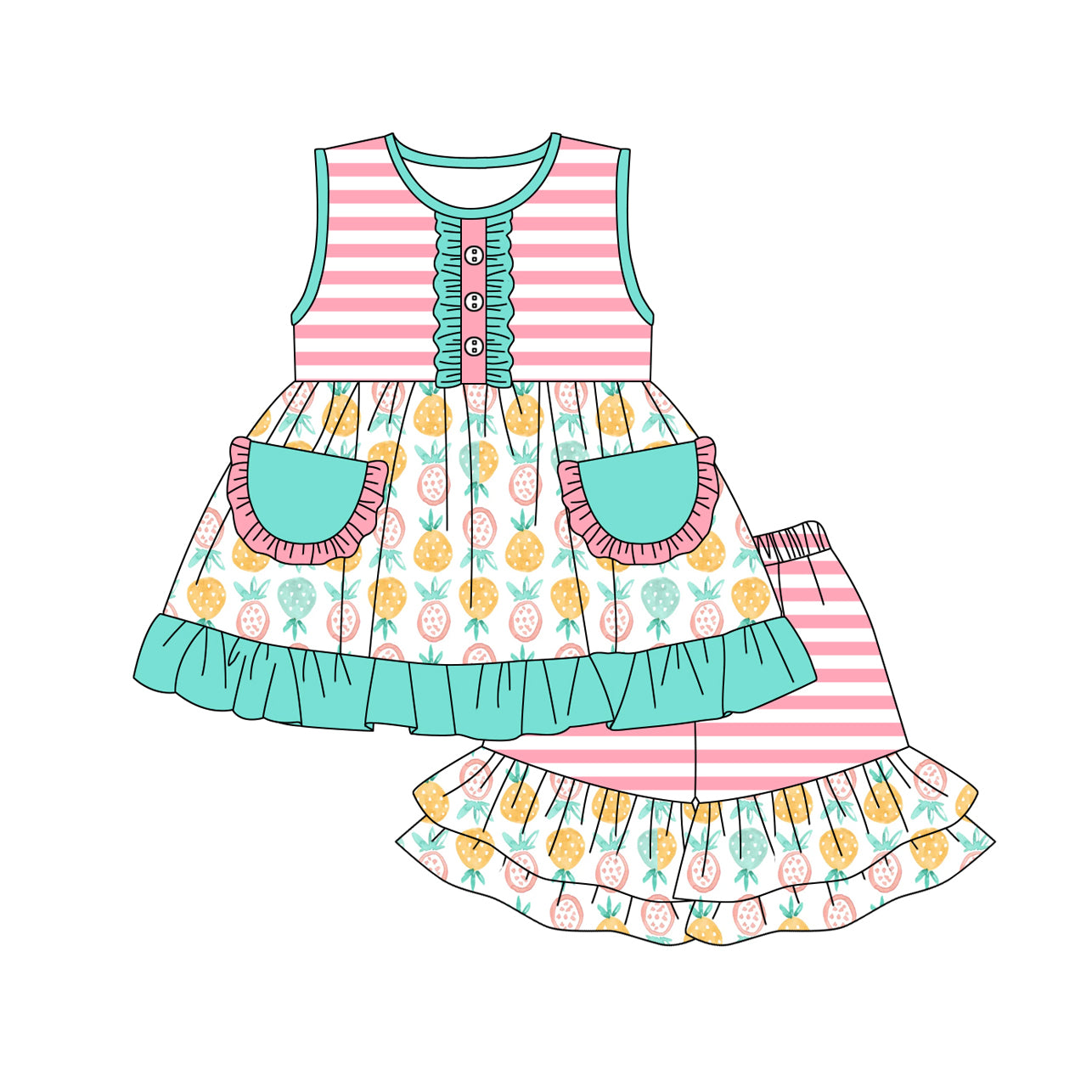 Pineapple top matching shorts girls summer outfit preorder