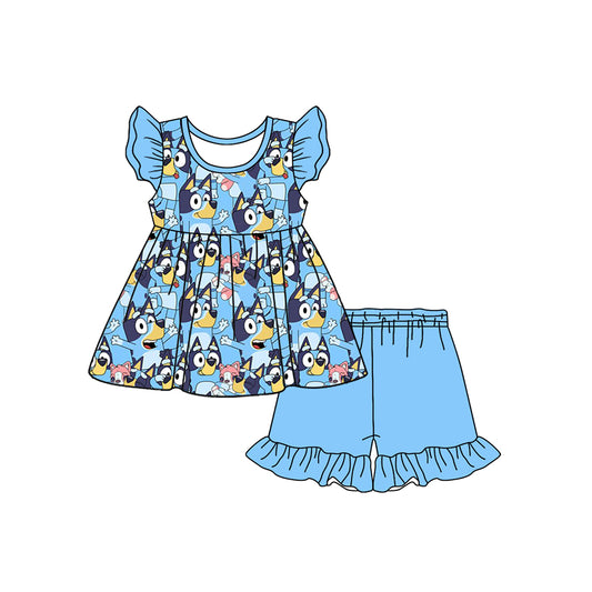 Blue cartoon dog top matching shorts girls summer outfit preorder