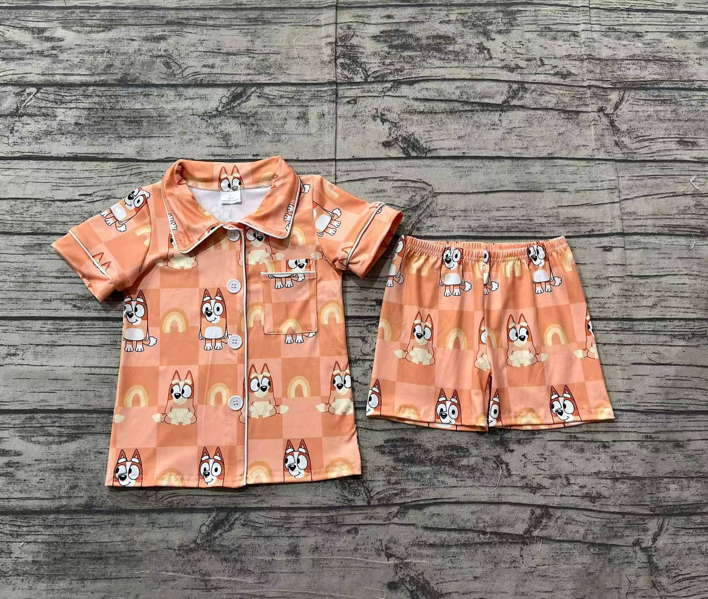 Blue cartoon dog baby girls orange pajama set preorder