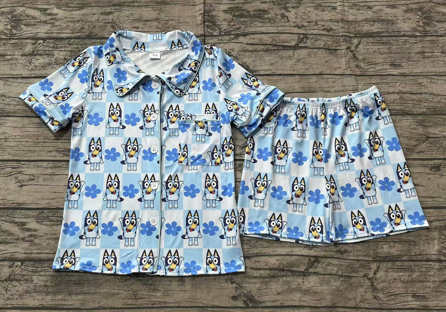 Adult women blue cartoon dog short sleeve orange pajama set preorder