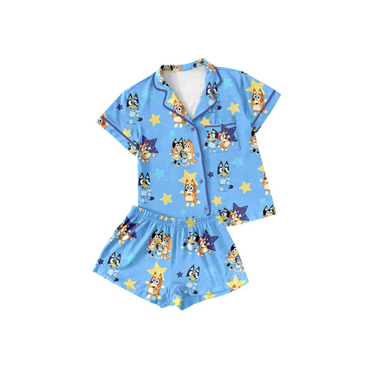 baby girl blue cartoon dog  button down pajama set preorder