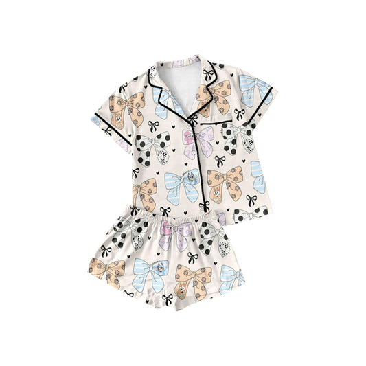 Blue cartoon dog bow button down pajama set preorder