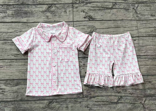 Pink bow baby girls button down outfit preorder