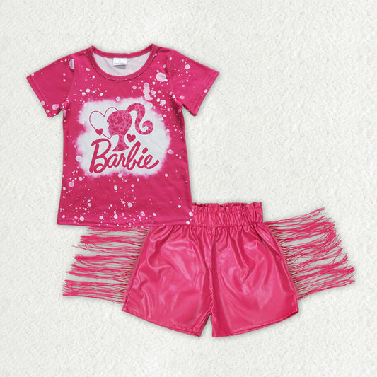 Baby girls pink doll shirt hot pink pu leather shorts outfit