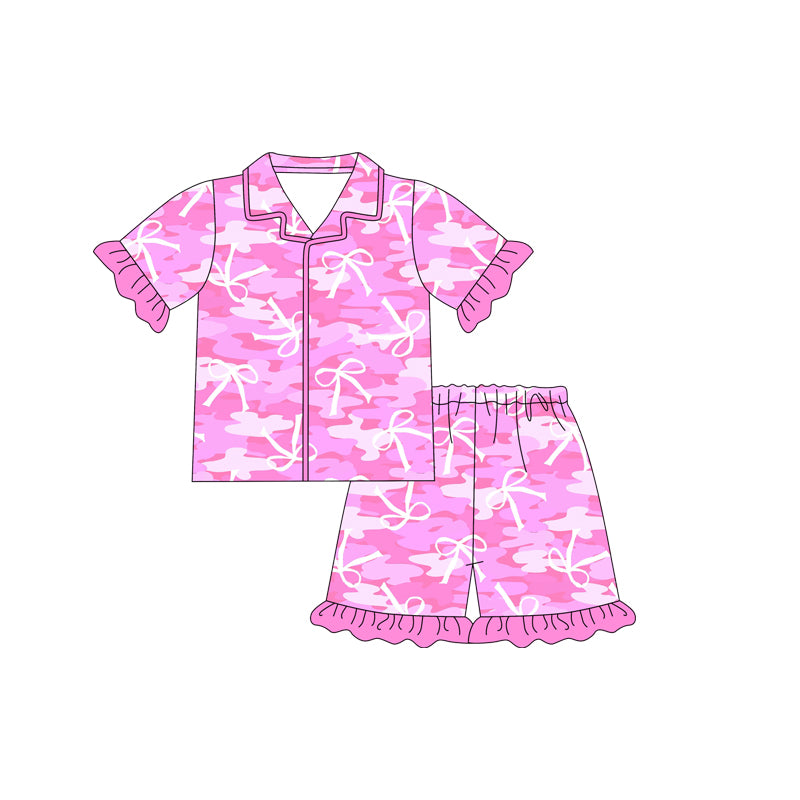 Hot pink camo bow design baby girls button down pajama set preorder