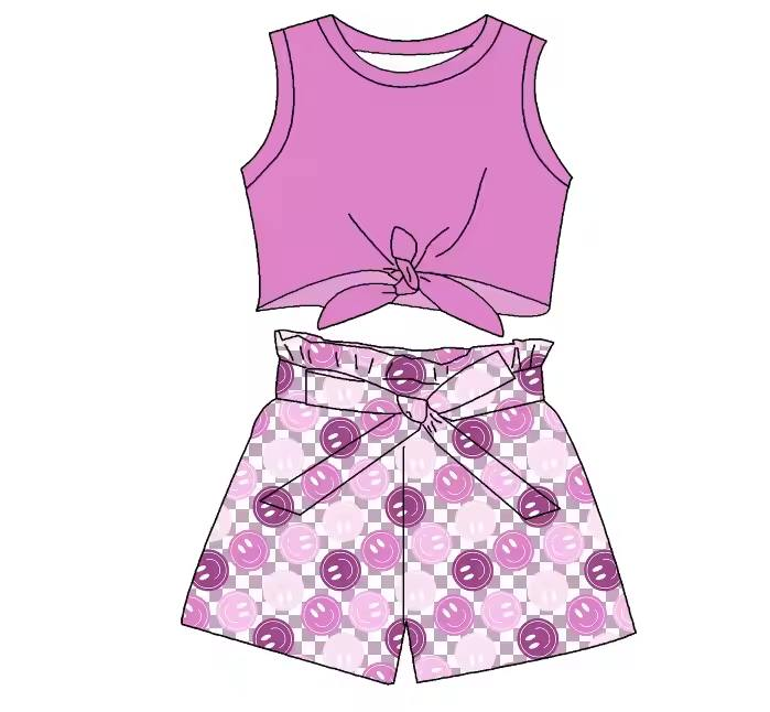 Toddle baby girl lavender top smile face shorts summer outfit preorder