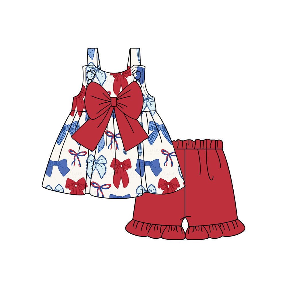 Red blue bow July 4th baby girls summer outfit preorder