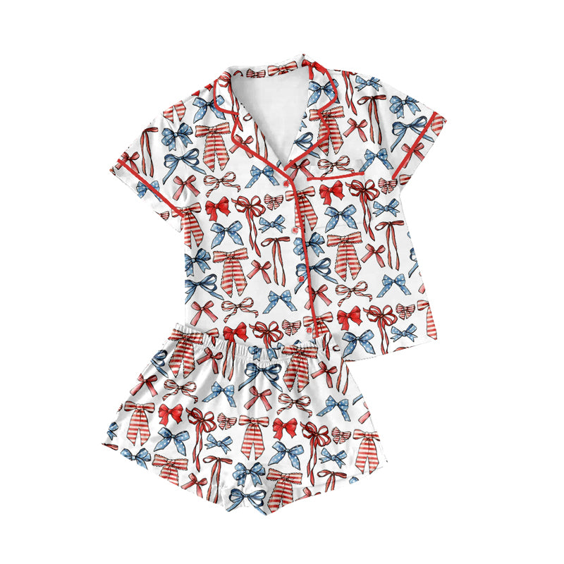 Adult red blue bow design short sleeve July 4th pajama set preorder