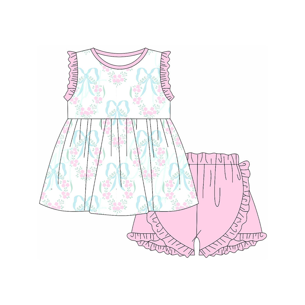 Toddle girl pink flower blue bow summer outfit  clothes preorder