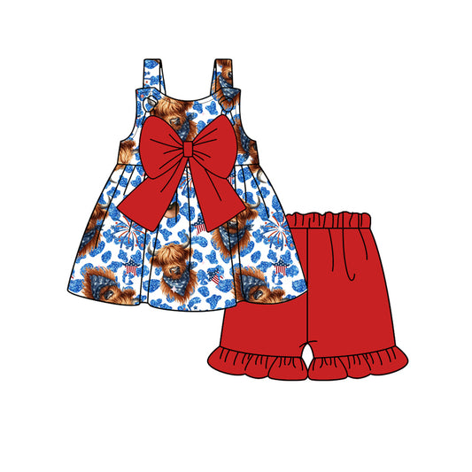 Baby girl highland cow blue cheetah july 4th outfit preorder