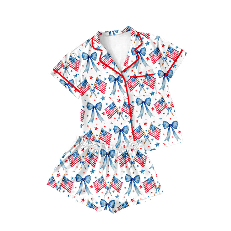 America flag blue bow button down baby girl pajama set preorder