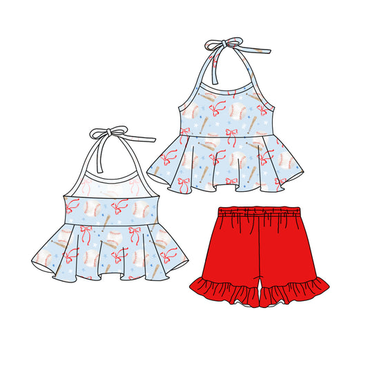 Girls baseball bow shirt matching shorts summer outfit preorder
