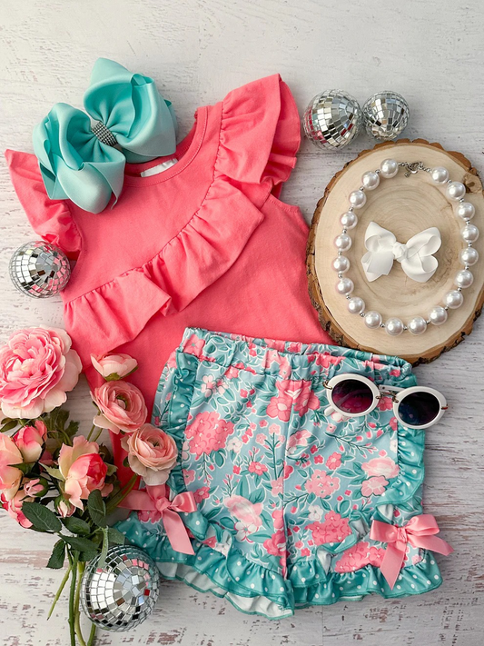 Baby girl coral shirt matching floral shorts summer clothes preorder