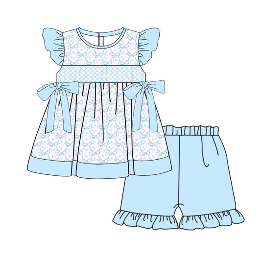 Baby girls blue bow floral design summer outfit preorder