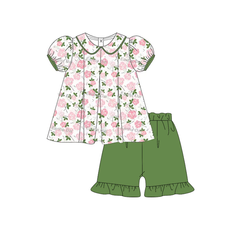 Pink floral shirt green shorts baby girl summer outfit preorder