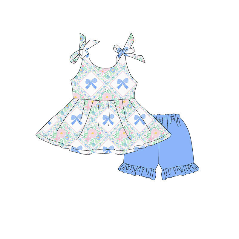 Blue bow pink flowers baby girls summer outfit preorder