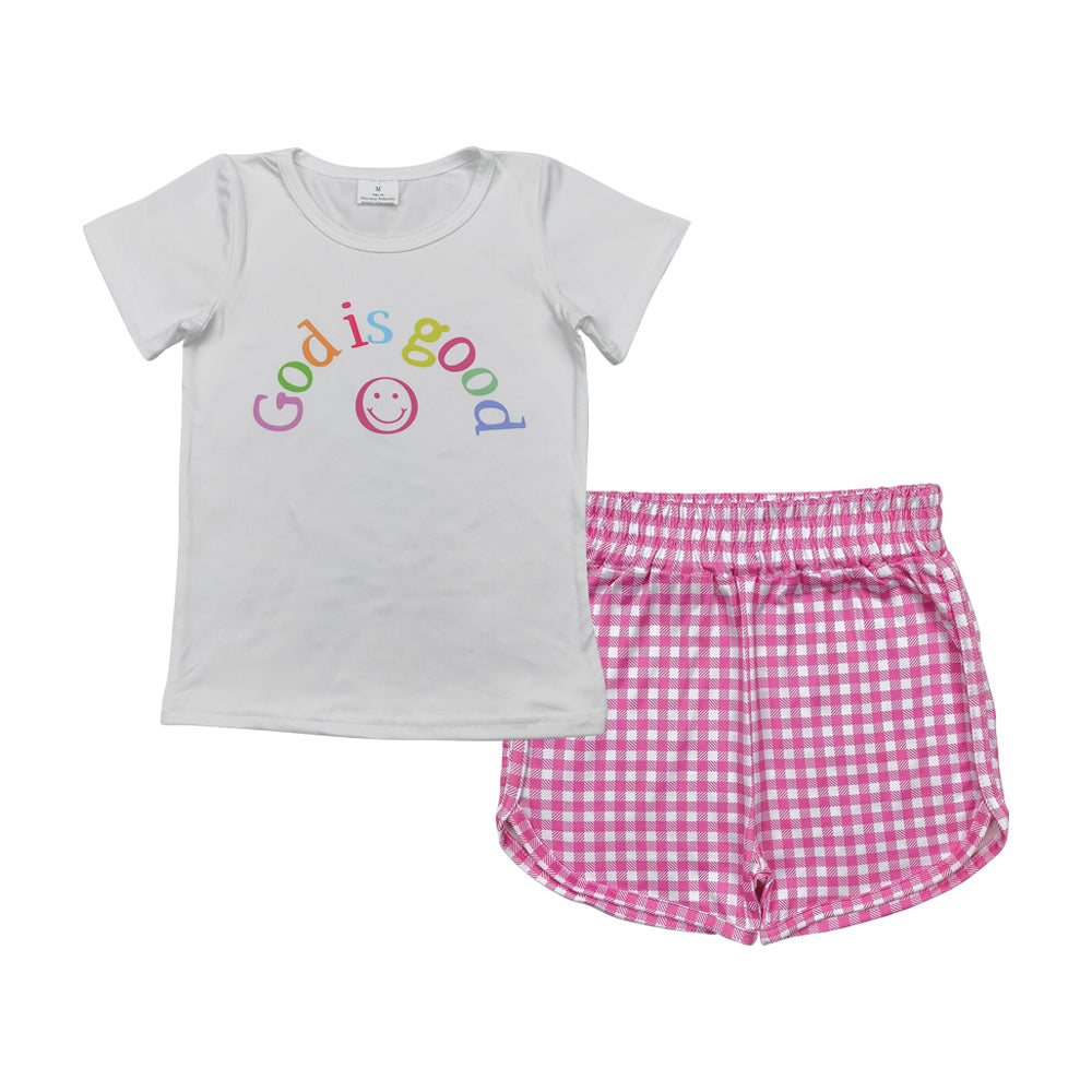 God is girl shirt matching pink plaid shorts boy summer outfit