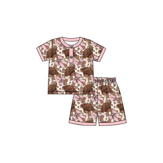 Girls highland cow pink bow summer outfit preorder