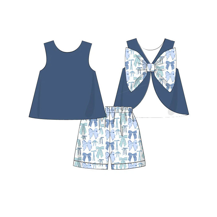 Navy shirt matching blue bow shorts girls summer outfit preorder