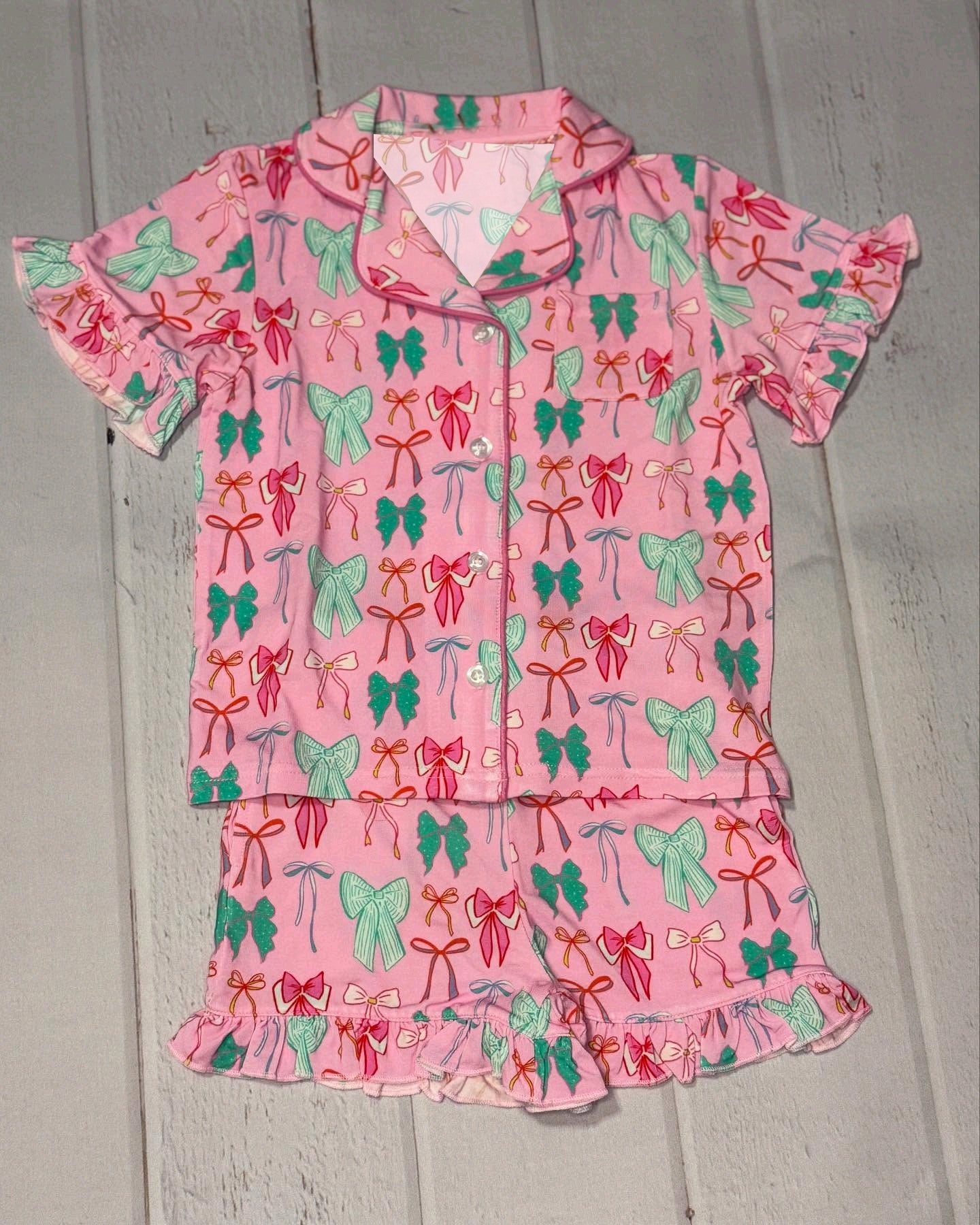 Christmas red green bow short sleeve pajama set outfit preorder