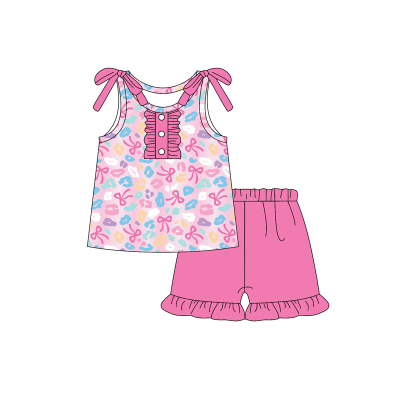 Colorful leopard pink bow girls summer outfit preorder