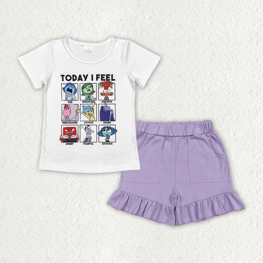 Cartoon shirt lavender shorts girl summer outfit