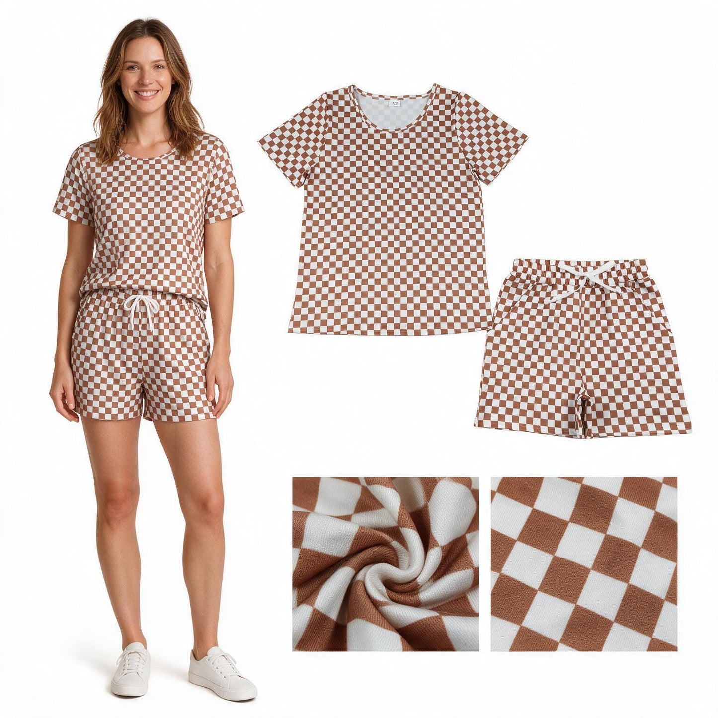 Adult Women khaki checkered summer pajama set