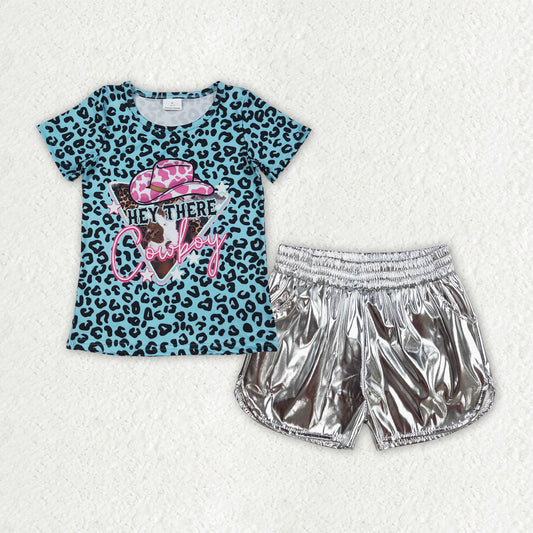 Western cowgirl shirt silver pu shorts girl summer outfit
