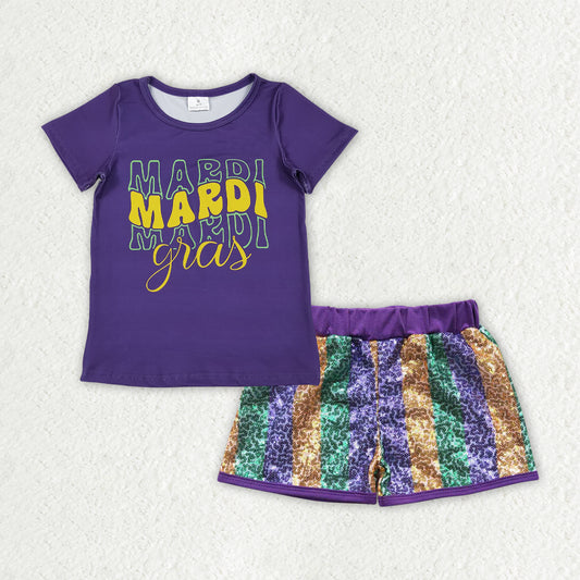 RTS NO MOQ mardi gras shirt matching sequins shorts girls outfit