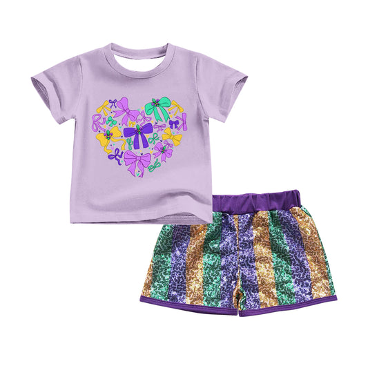 Happy Mardi Gras bow top matching sequins shorts outfit preorder